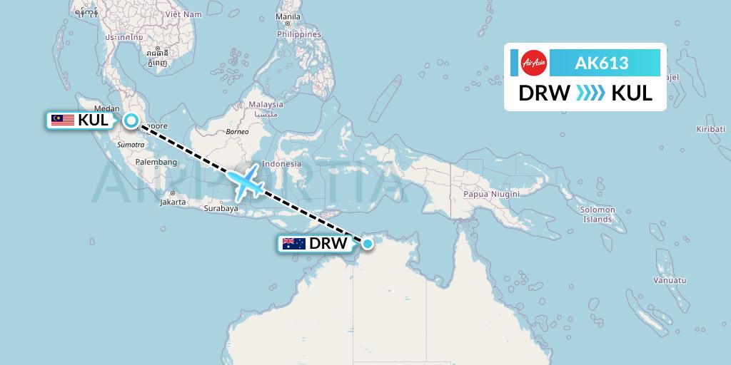 AK613 AirAsia Flight Map: Darwin to Kuala Lumpur