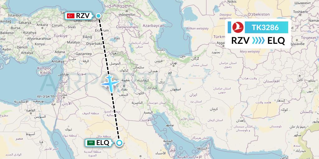 TK3286 Turkish Airlines Flight Map: Trabzon to Al-Qassim