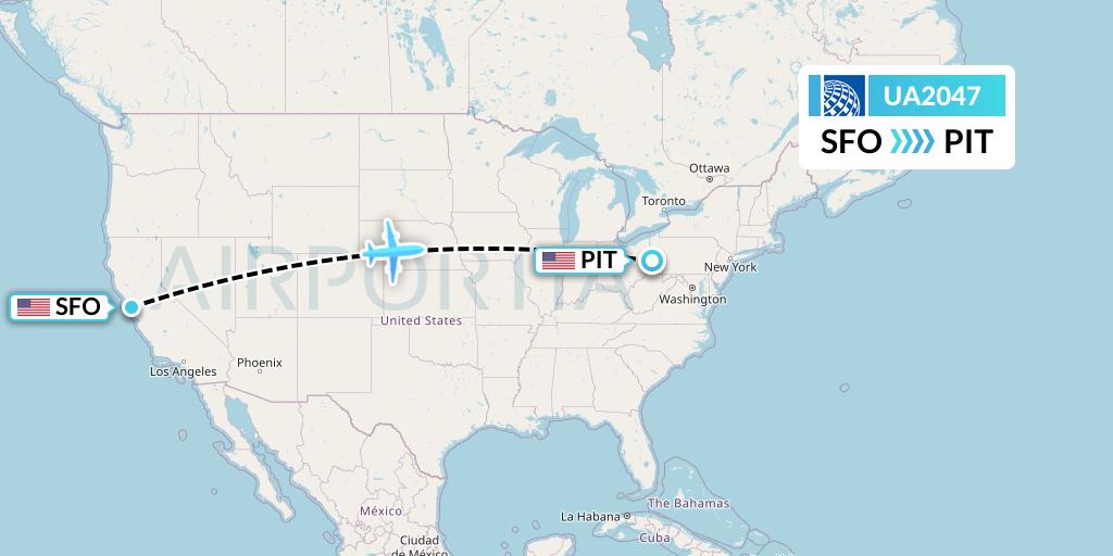 UA2047 United Airlines Flight Map: San Francisco to Pittsburgh