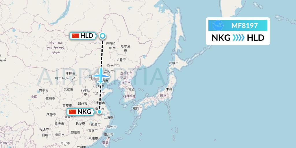 MF8197 Xiamen Airlines Flight Map: Nanjing to Hailar