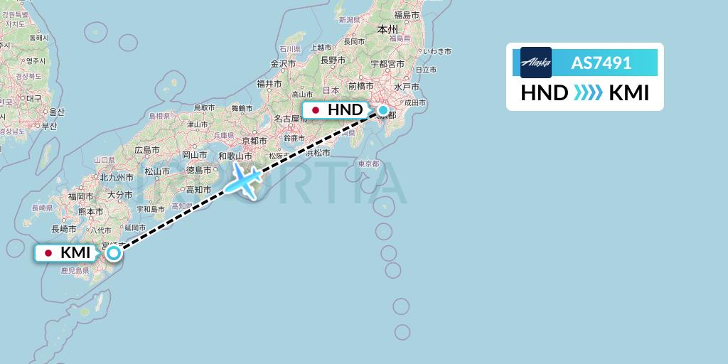 AS7491 Alaska Airlines Flight Map: Tokyo to Miyazaki