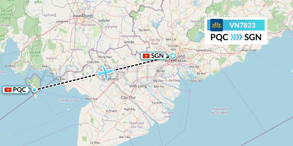 VN7823 Vietnam Airlines Flight Map: Phu Quoc to Ho Chi Minh City