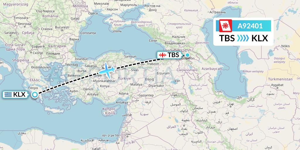 A92401 Georgian Airways Flight Map: Tbilisi to Kalamata