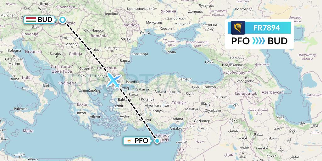 FR7894 Ryanair Flight Map: Pafos to Budapest