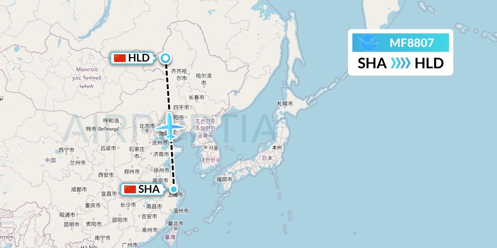 MF8807 Xiamen Airlines Flight Map: Shanghai to Hailar