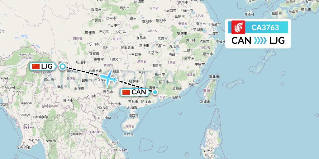 CA3763 Air China Flight Map: Guangzhou to Lijiang