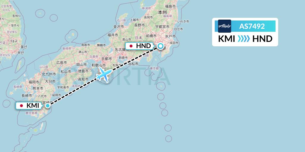 AS7492 Alaska Airlines Flight Map: Miyazaki to Tokyo