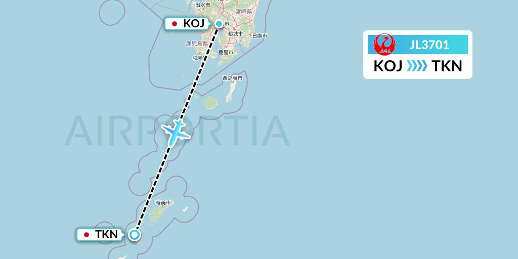 JL3701 Japan Airlines Flight Map: Kagoshima to Tokunoshima