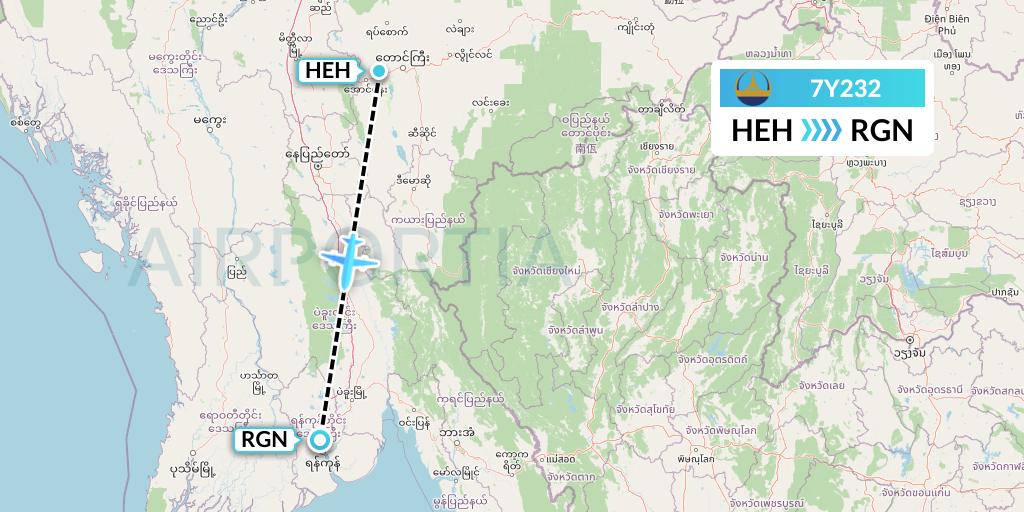 7Y232 Mann Yadanarpon Airlines Flight Map: Heho to Yangon