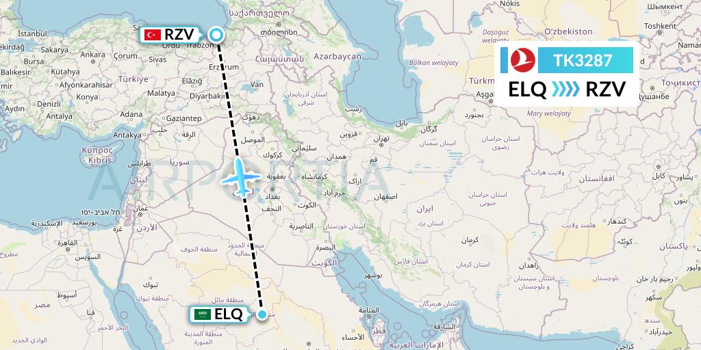 TK3287 Turkish Airlines Flight Map: Al-Qassim to Trabzon
