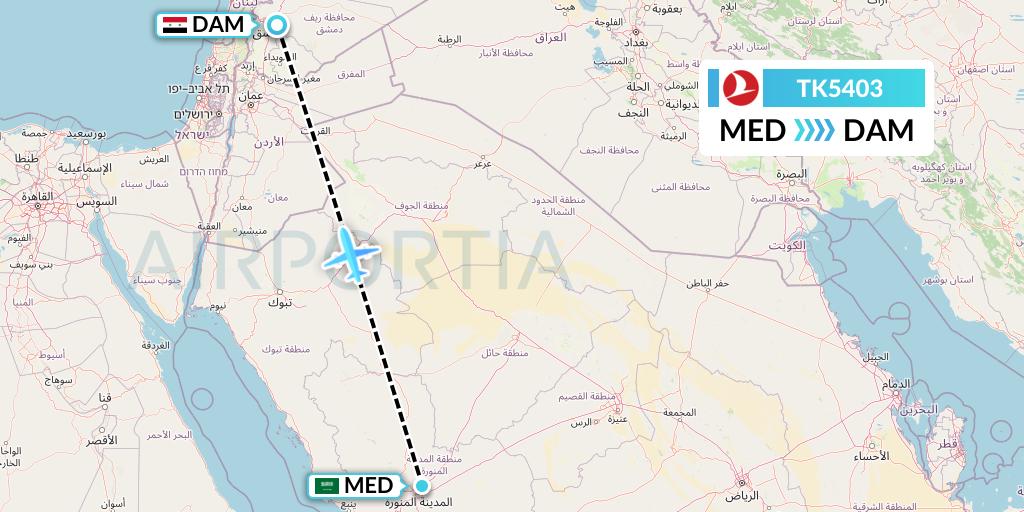 TK5403 Turkish Airlines Flight Map: Medina to Damascus