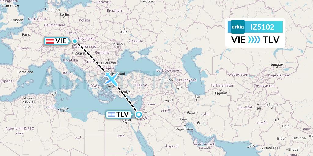 IZ5102 Arkia Israeli Airlines Flight Map: Vienna to Tel Aviv