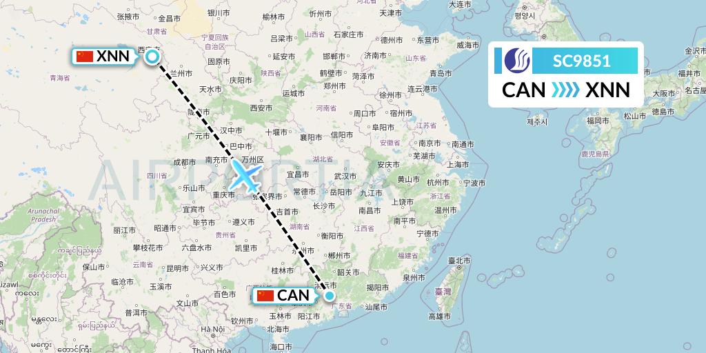 SC9851 Shandong Airlines Flight Map: Guangzhou to Xining