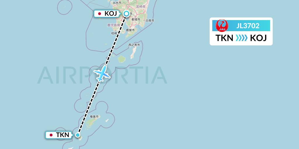 JL3702 Japan Airlines Flight Map: Tokunoshima to Kagoshima