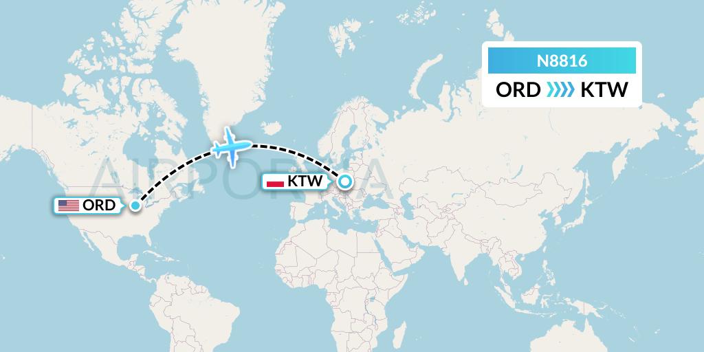 N8816 National Airlines Flight Map: Chicago to Katowice