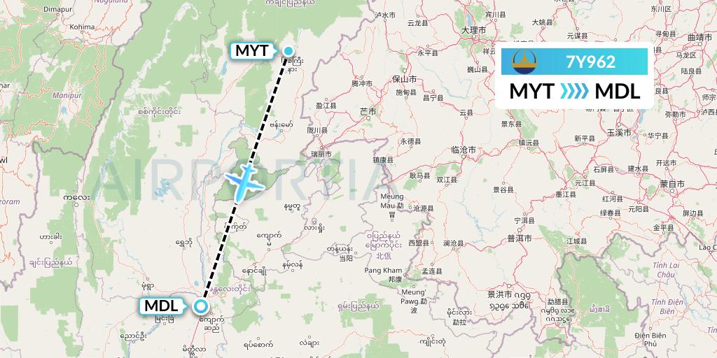 7Y962 Mann Yadanarpon Airlines Flight Map: Myitkyina to Mandalay