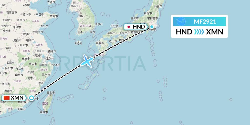 MF2921 Xiamen Airlines Flight Map: Tokyo to Xiamen