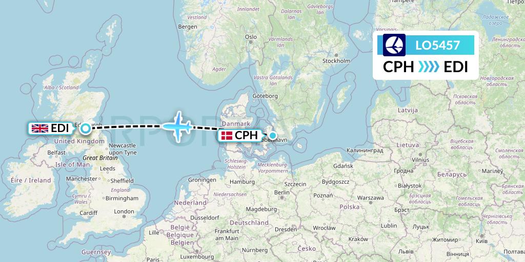 LO5457 LOT Flight Map: Copenhagen to Edinburgh