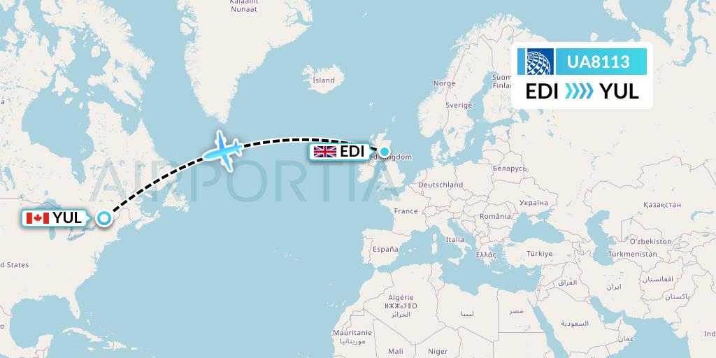 UA8113 United Airlines Flight Map: Edinburgh to Montreal
