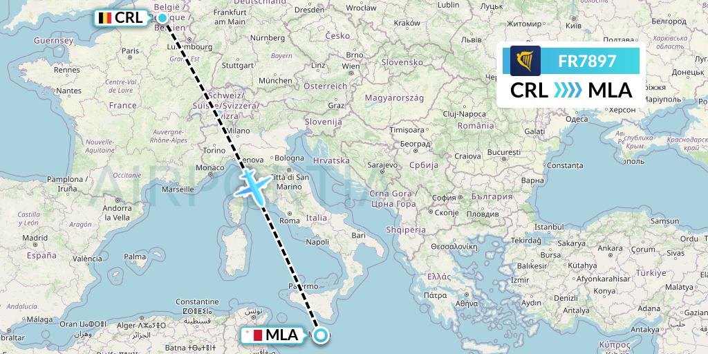 FR7897 Ryanair Flight Map: Brussels to Malta
