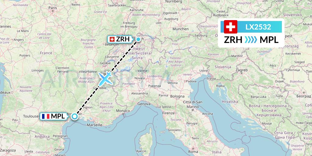 LX2532 Swiss Flight Map: Zurich to Montpellier