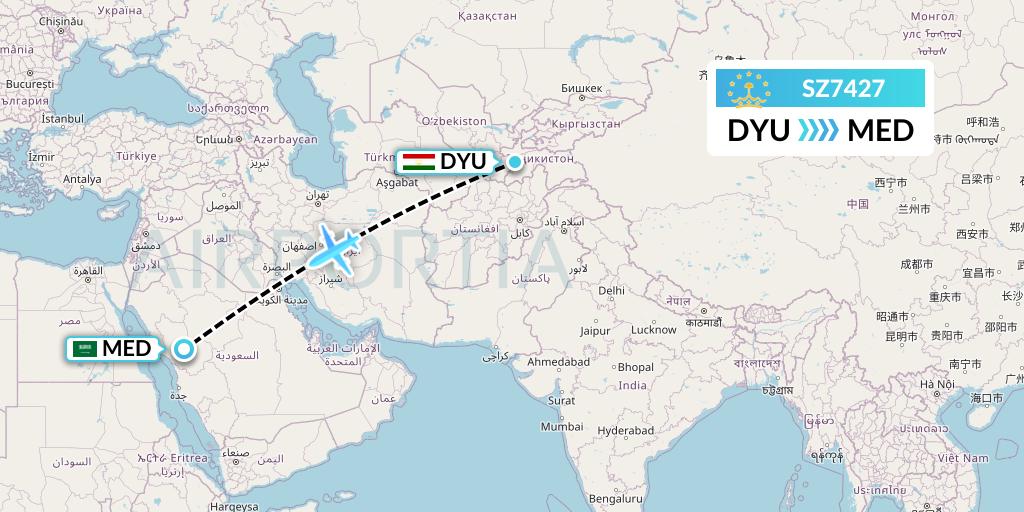 SZ7427 Somon Air Flight Map: Dushanbe to Medina
