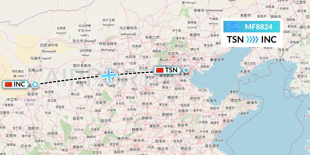 MF8824 Xiamen Airlines Flight Map: Tianjin to Yinchuan