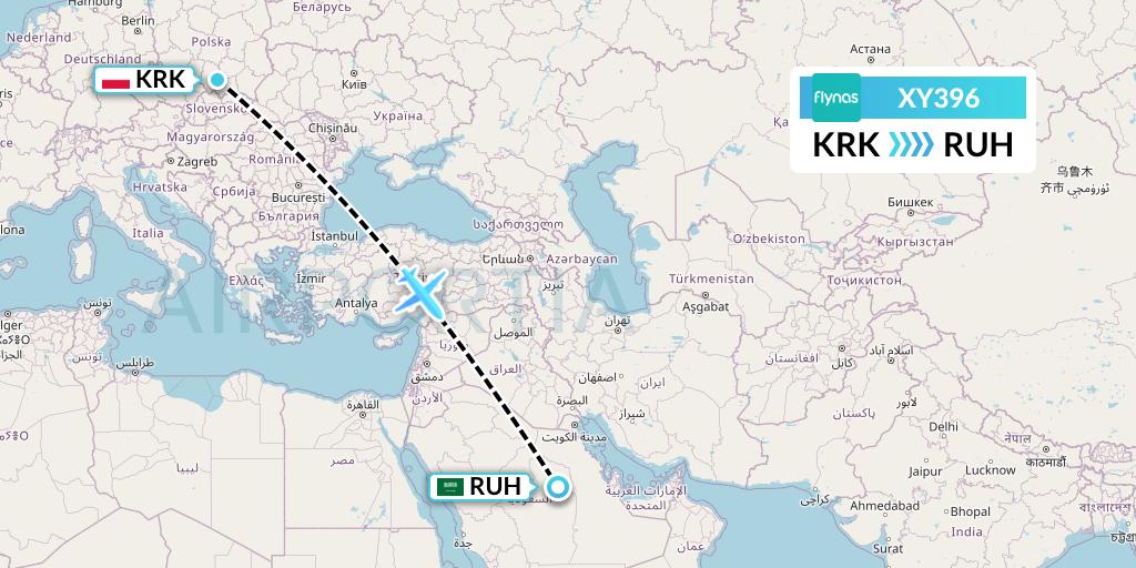 XY396 Flynas Flight Map: Krakow to Riyadh