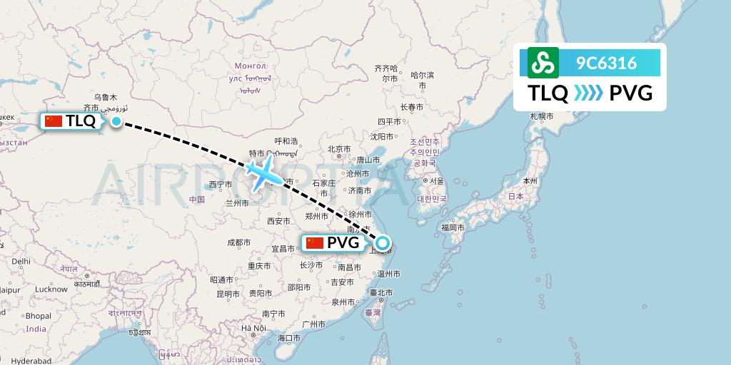 9C6316 Spring Airlines Flight Map: Turpan to Shanghai