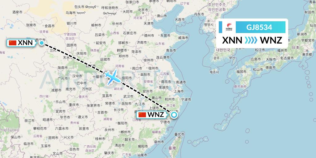 GJ8534 Loong Airlines Flight Map: Xining to Wenzhou