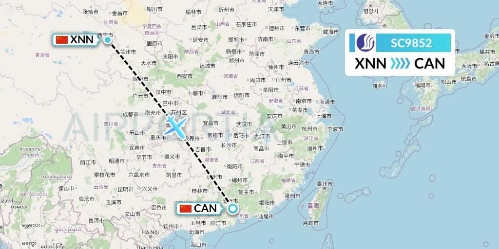SC9852 Shandong Airlines Flight Map: Xining to Guangzhou