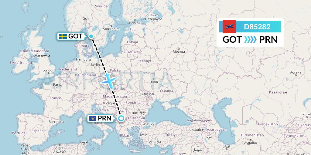 D85282 Norwegian Air International Flight Map: Gothenburg to Pristina