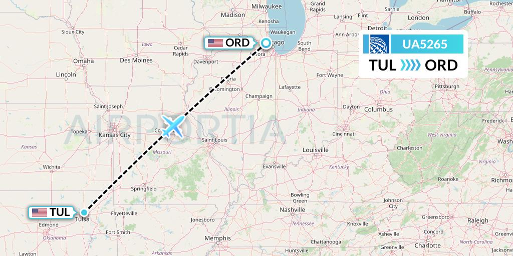 UA5265 United Airlines Flight Map: Tulsa to Chicago