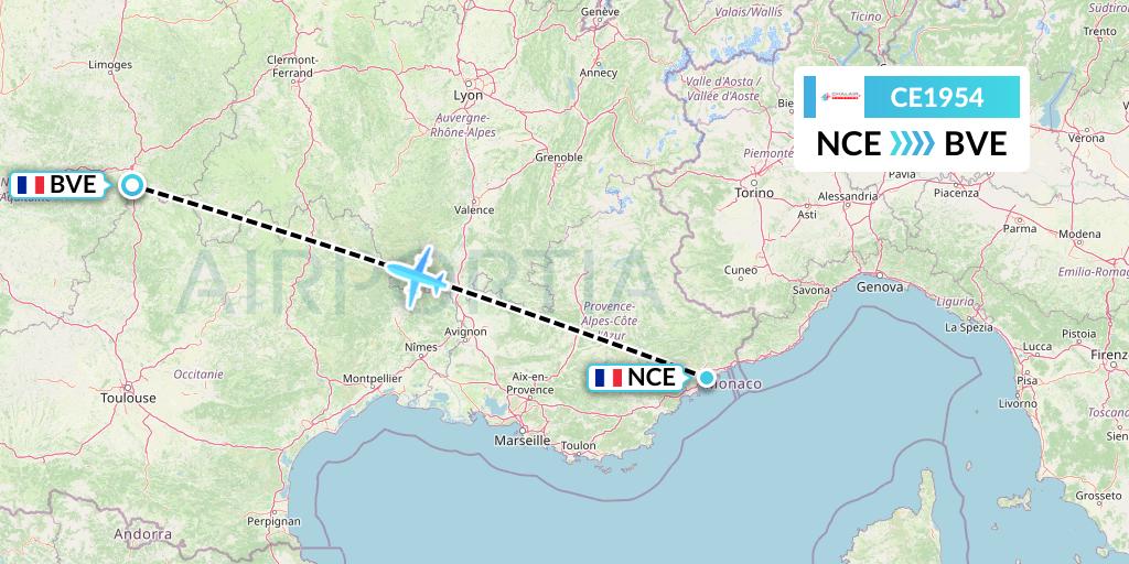 CE1954 Chalair Aviation Flight Map: Nice to Brive
