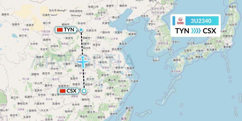 3U2340 Sichuan Airlines Flight Map: Taiyuan to Changsha
