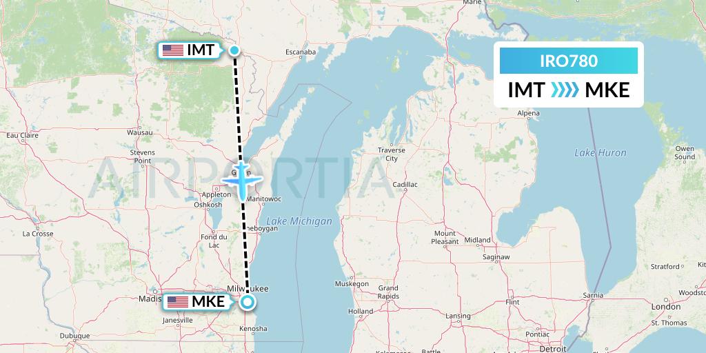 IRO780 CSA Air Flight Map: Iron Mountain Kingsford to Milwaukee