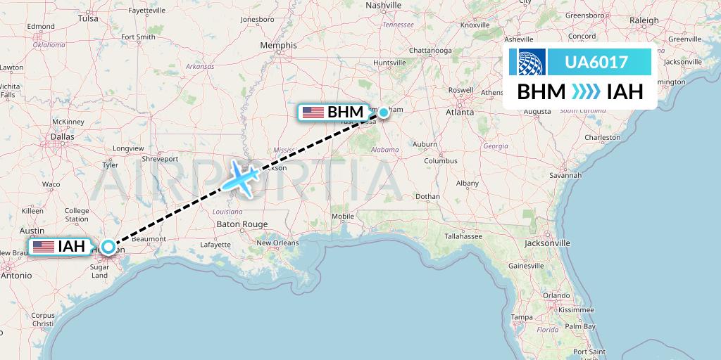 UA6017 United Airlines Flight Map: Birmingham to Houston