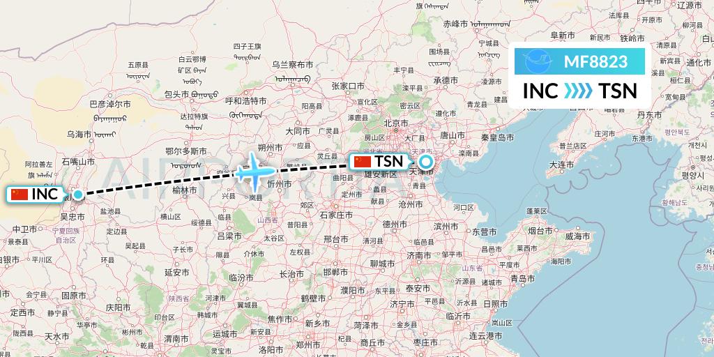 MF8823 Xiamen Airlines Flight Map: Yinchuan to Tianjin