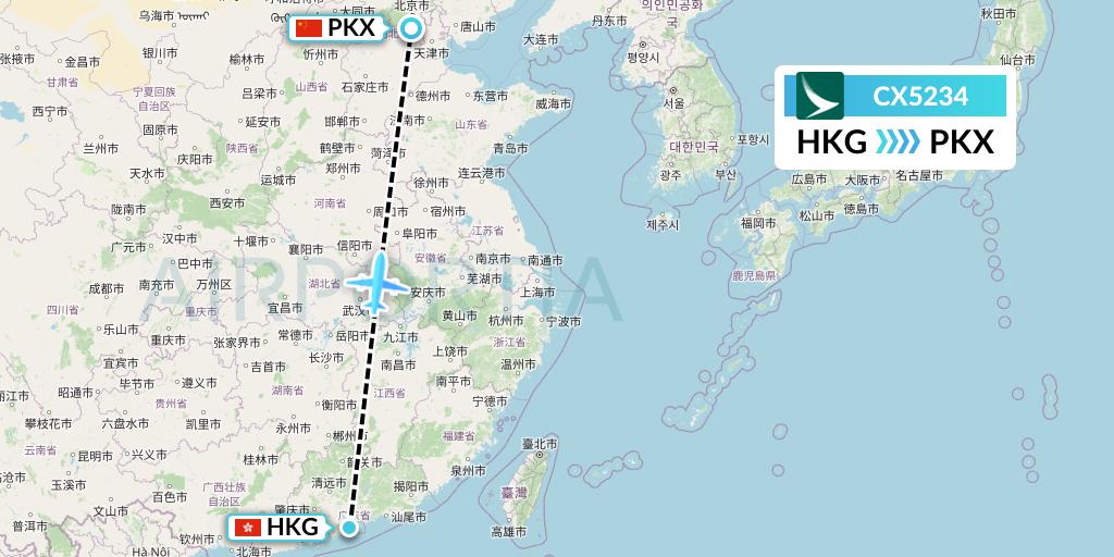 CX5234 Cathay Pacific Flight Map: Hong Kong to Beijing