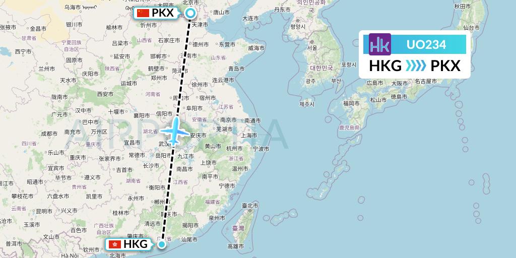 UO234 Hong Kong Express Flight Map: Hong Kong to Beijing