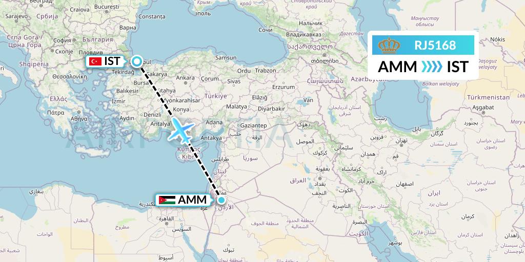 RJ5168 Royal Jordanian Flight Map: Amman to Istanbul