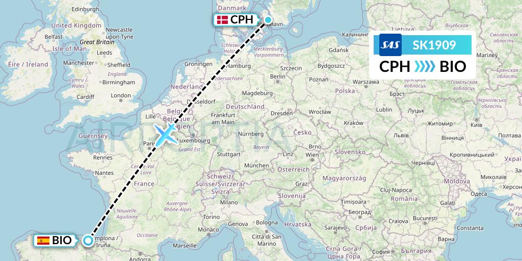 SK1909 SAS Flight Map: Copenhagen to Bilbao