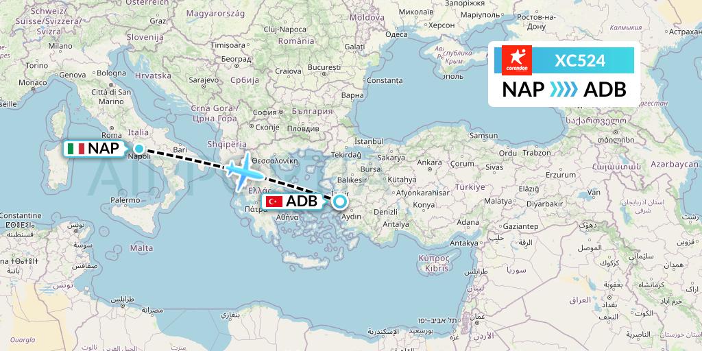 XC524 Corendon Airlines Flight Map: Naples to Izmir