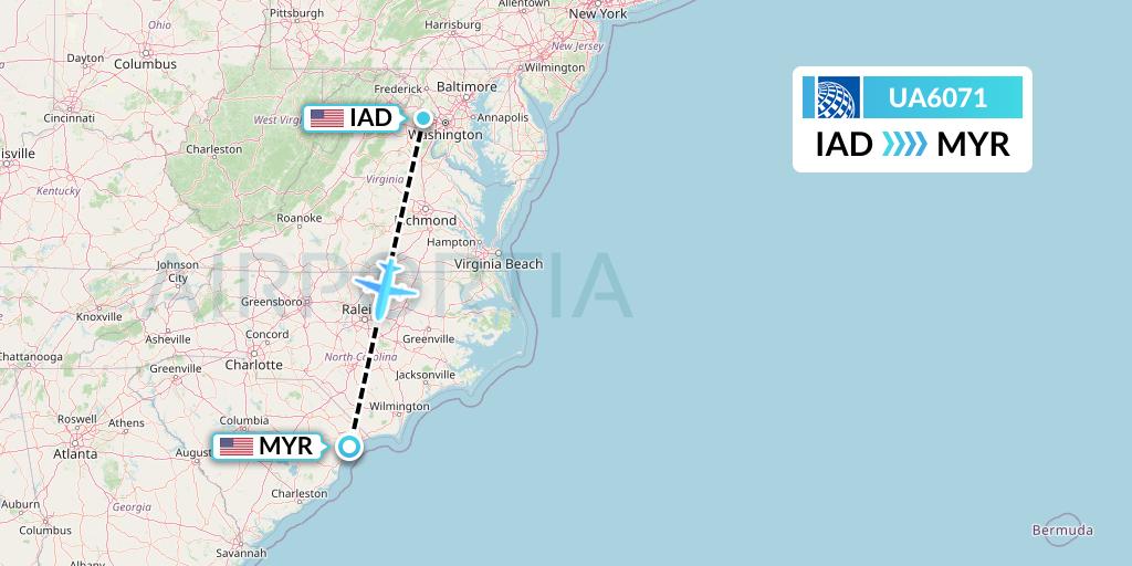 UA6071 United Airlines Flight Map: Washington to Myrtle Beach