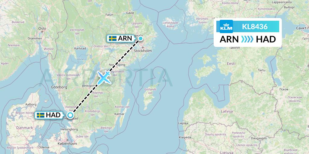 KL8436 KLM Flight Map: Stockholm to Halmstad