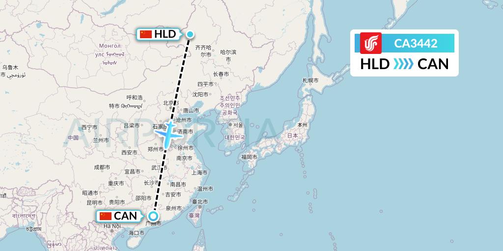 CA3442 Air China Flight Map: Hailar to Guangzhou
