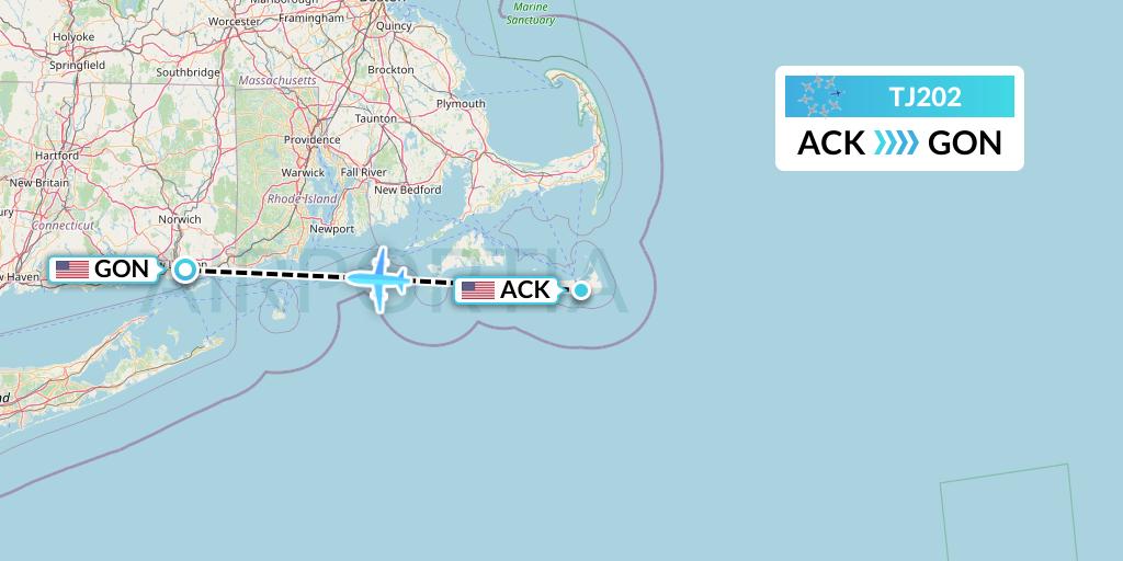 TJ202 Tradewind Aviation Flight Map: Nantucket to New London