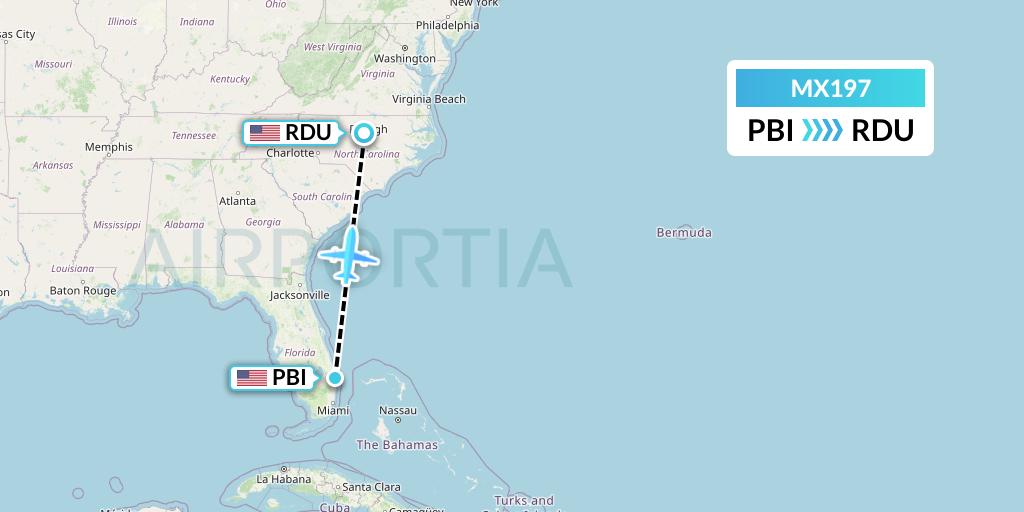 MX197 Breeze Airways Flight Map: West Palm Beach to Raleigh-Durham