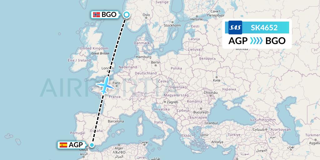 SK4652 SAS Flight Map: Malaga to Bergen