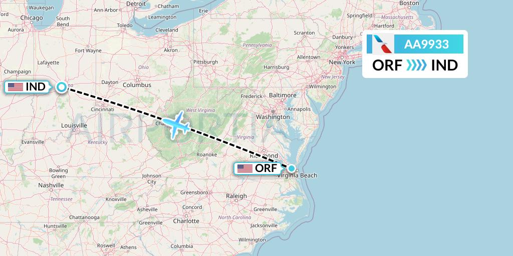 AA9933 American Airlines Flight Map: Norfolk to Indianapolis